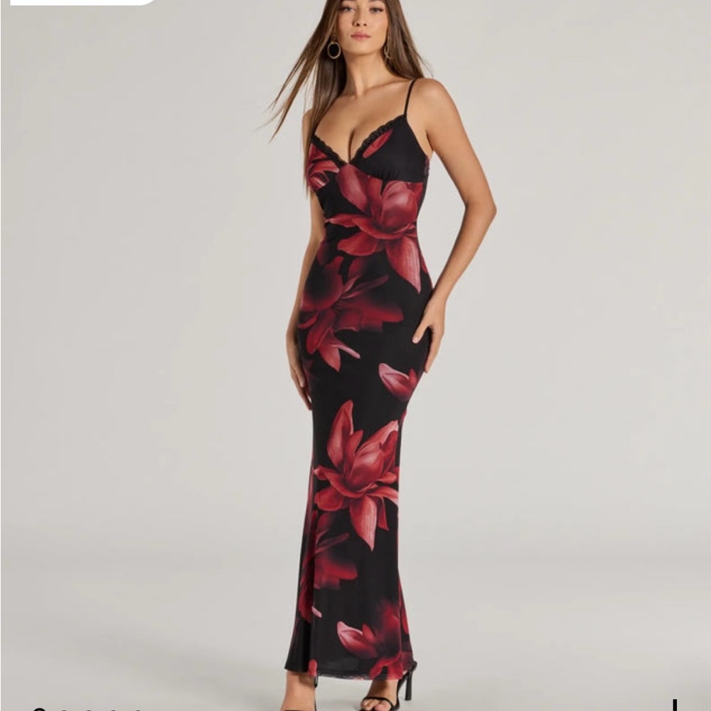 WINDSOR Mesh Black and Red Floral Maxi Dress